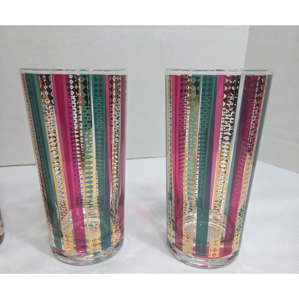 Vintage GEORGES BRIARD 22k Gold HARLEQUIN MCM Highball Cocktail Glasses Set of 5 - Picture 4 of 10